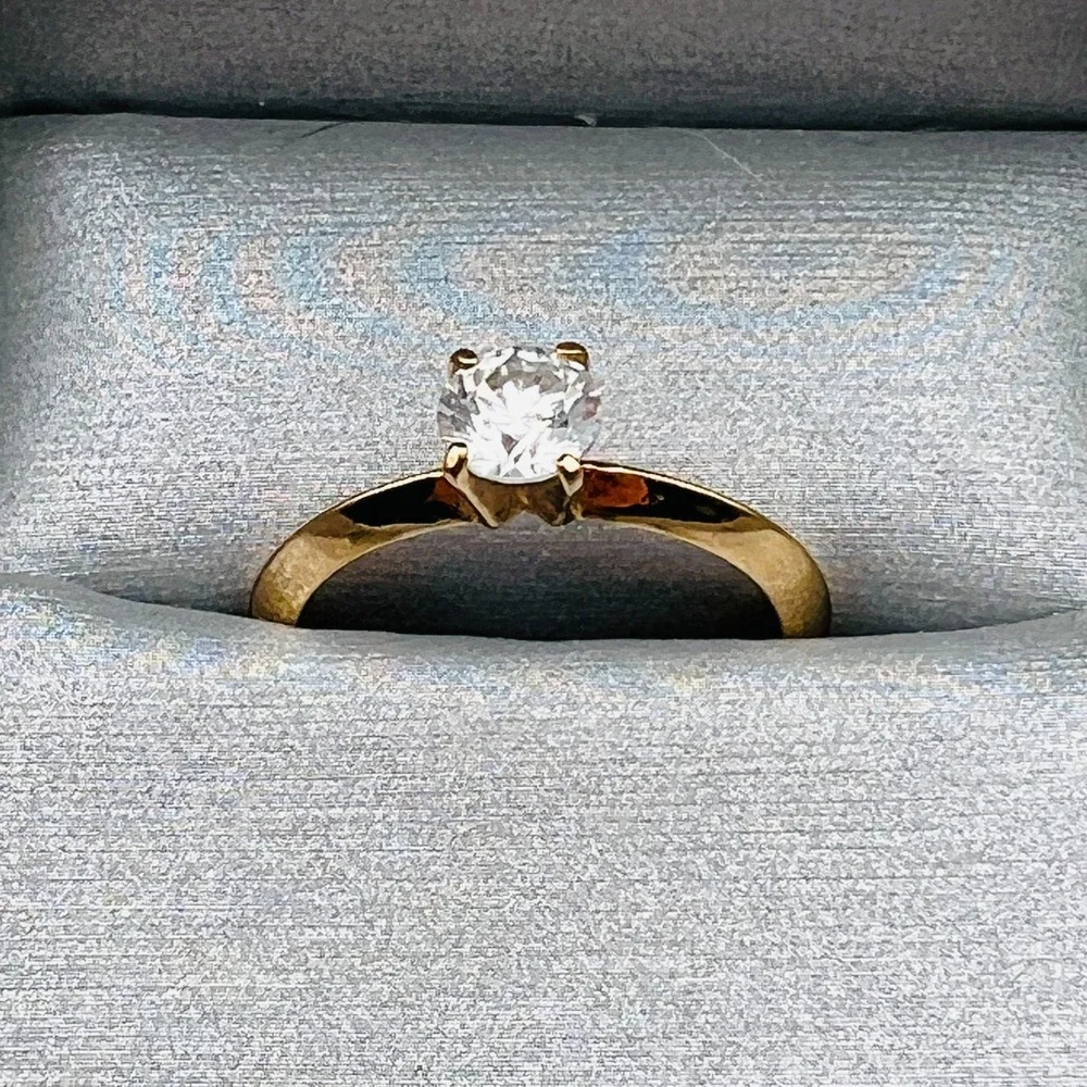 Vintage Solitaire Engagement Ring Gold Tone Clear Stone Size 10 Made in Korea